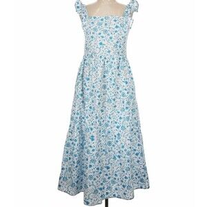 Draper James Sz XXL Cottagecore Smocked Midi Dress Blue Floral Pockets Ruffles